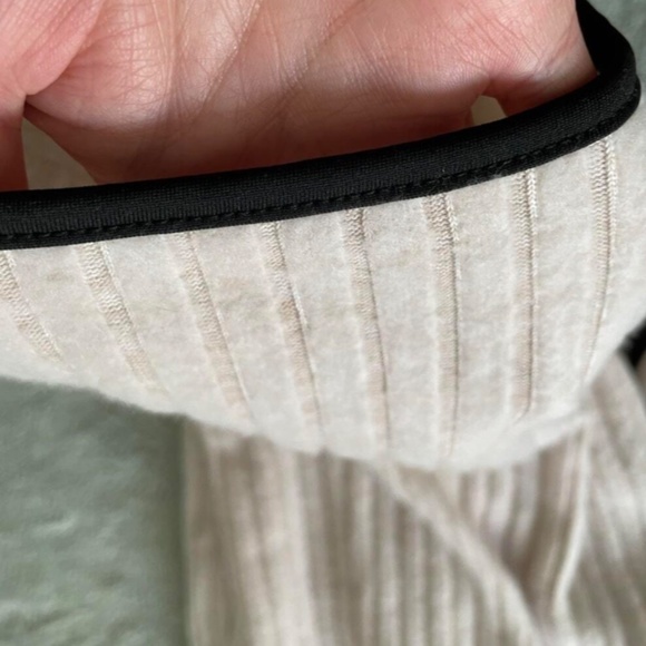 Beige Rib-knit Bodycon Dress Contrast Black Trim Tie Belt Midi Sleeveless - Picture 7 of 9